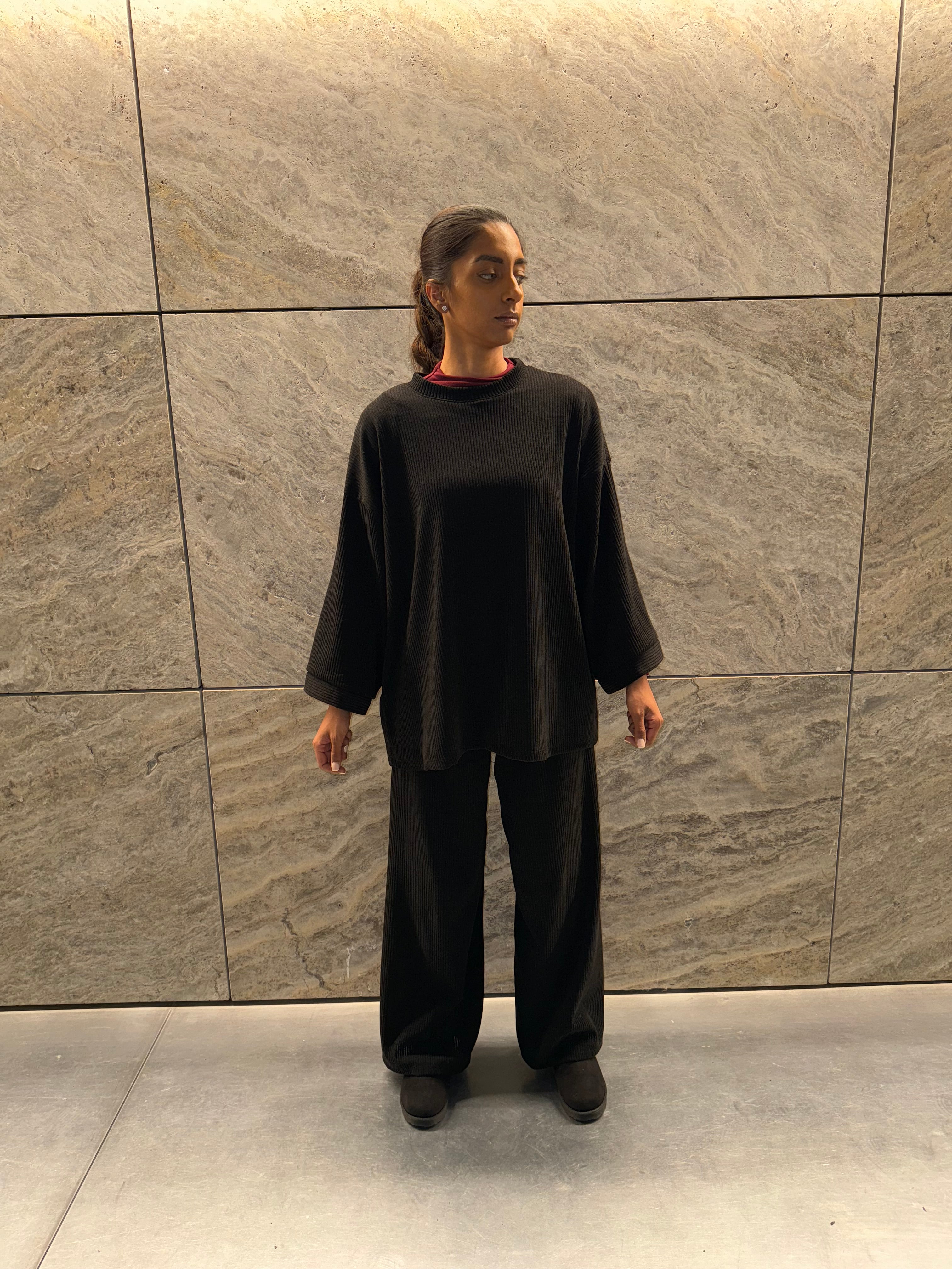 Zyra ribbed comfy winter oversized trui met broek - zwart
